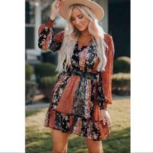 Boho Black and Orange Floral Long Sleeve Mini Dress